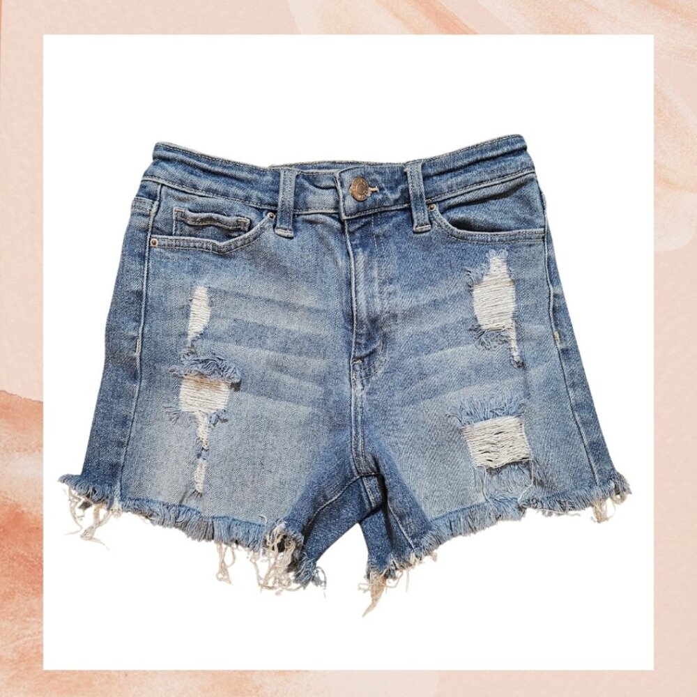 YMI Medium Wash Distressed Frayed Cut-Off Denim Shorts